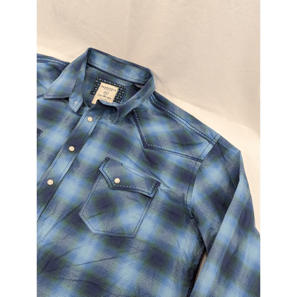 Panhandle Rough Stock  Long Sleeve Plaid Thick Stitch Blue Pearl Snap Shirt‎ XL